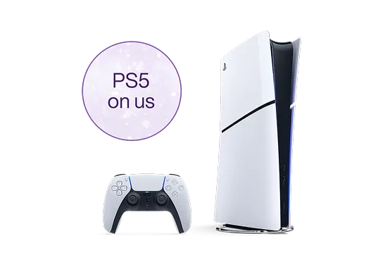 A PlayStation 5 game console and remote control. A roundel says 'PS5 on us'