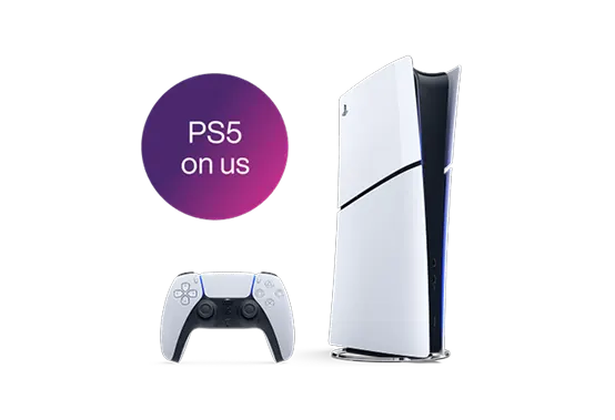 A PlayStation 5 game console and remote control. A roundel says 'PS5 on us'