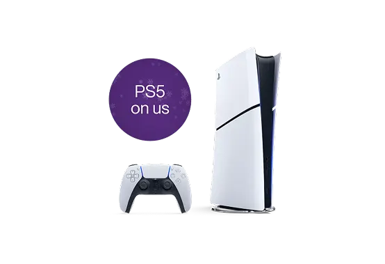 A PlayStation 5 game console and remote control. A roundel says 'PS5 on us'