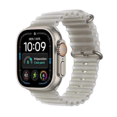 Apple Watch Ultra 4 – Boîtier en titane naturel avec bracelet Océan gris translucide.