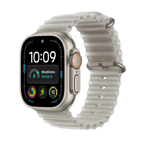 Apple Watch Ultra 4 Natural Titanium Case with Translucent Grey Ocean Band.
