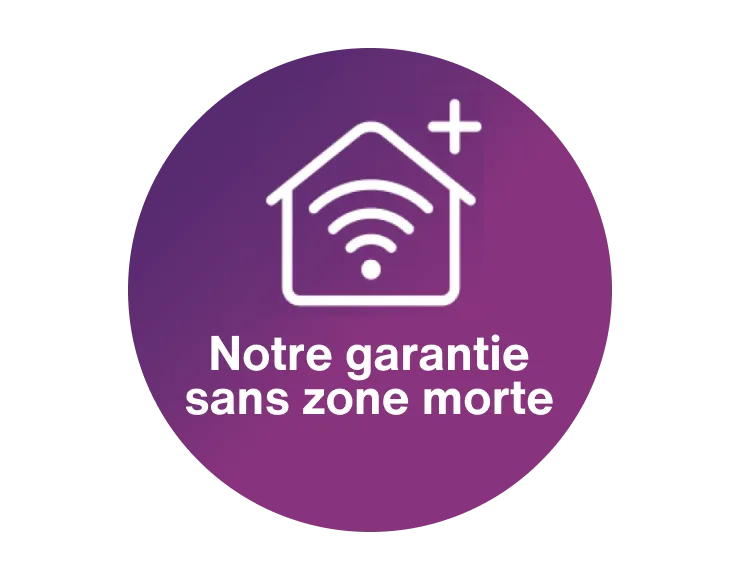 A roundel with an icon of a Wi-Fi symbol within a house. The text below it says: Dead spot-free guarantee.