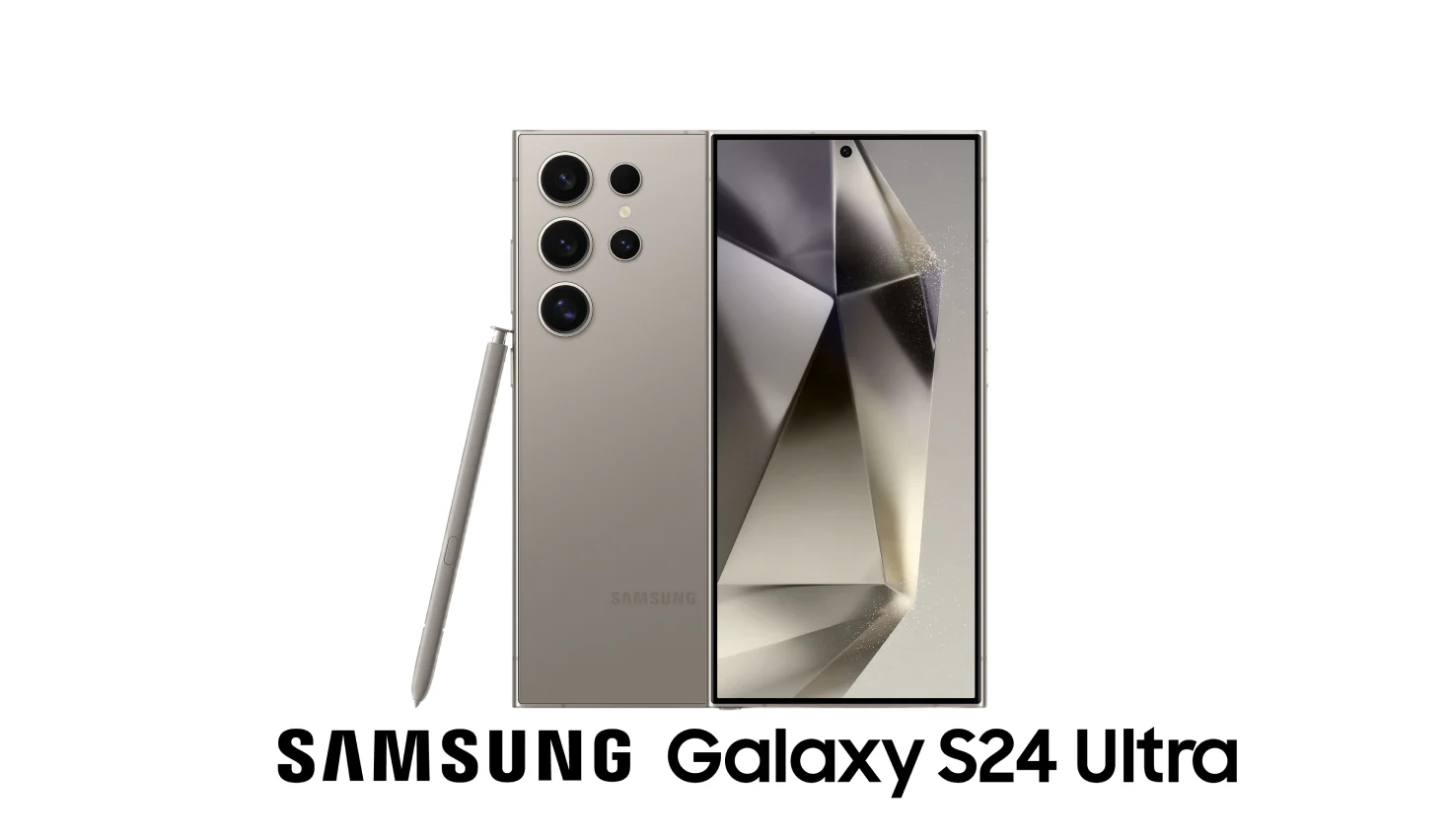 Vue avant et arrière du Samsung Galaxy S24 Ultra de couleur Gris Titane avec un stylet S Pen. 