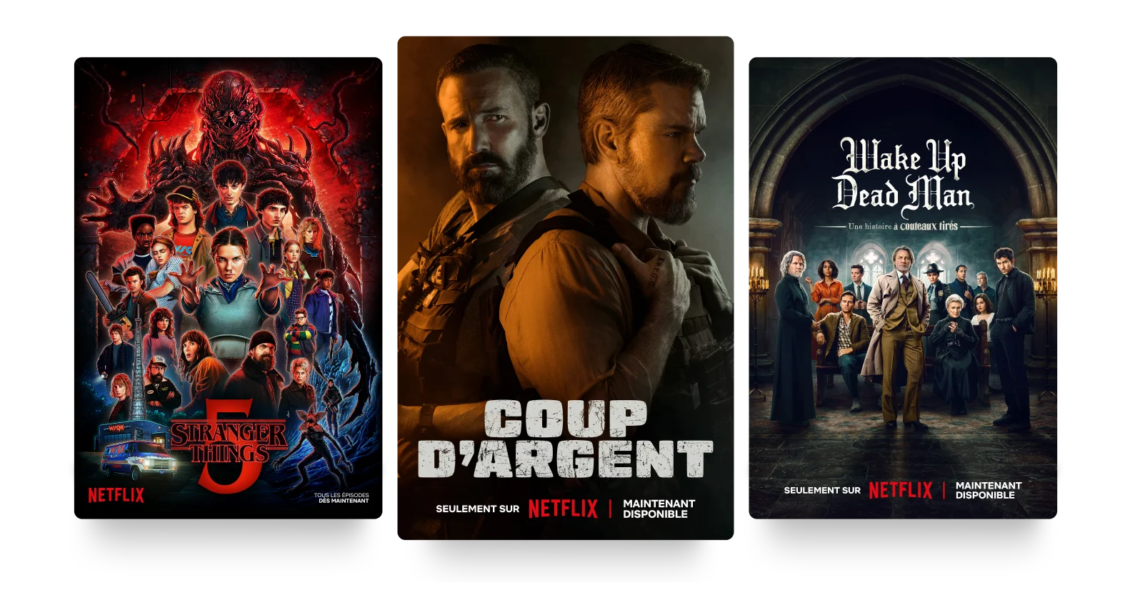 Trois affiches : Stranger Things 5, The Rip and Wake Up Dead Man.