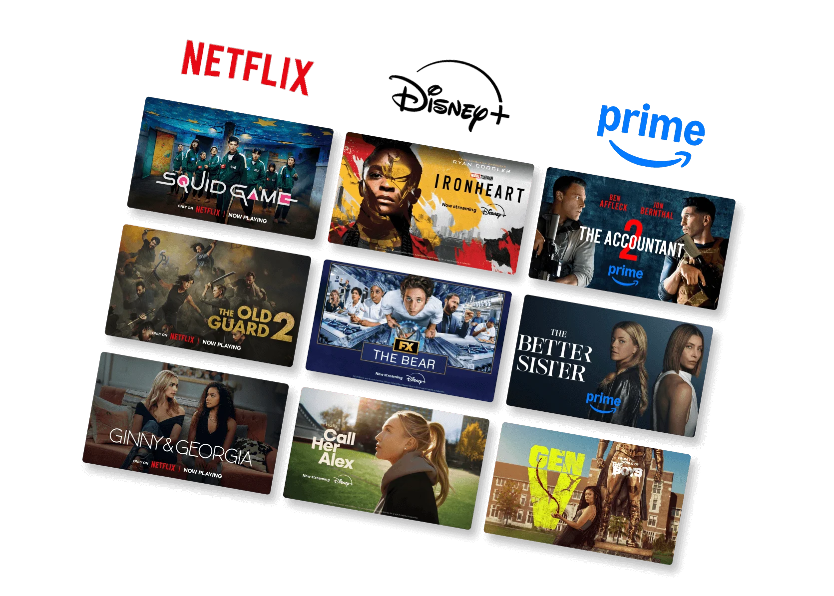 Multiple posters for popular Netflix, Disney+ and Prime Video streaming shows