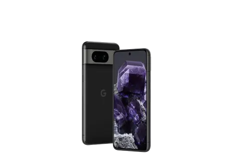 Avant et arrière d’un Pixel 8 de couleur noir. Une cocarde indique « Mois de la PME ».