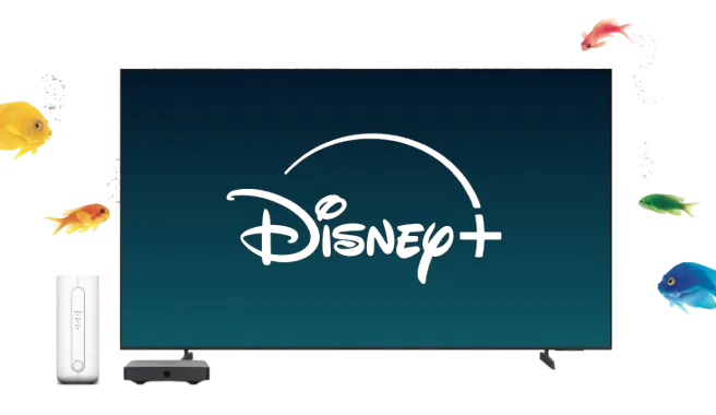 A large TV displaying the Disney+ logo. Next to the TV is a TELUS modem. In the background, there are fish of various colours.