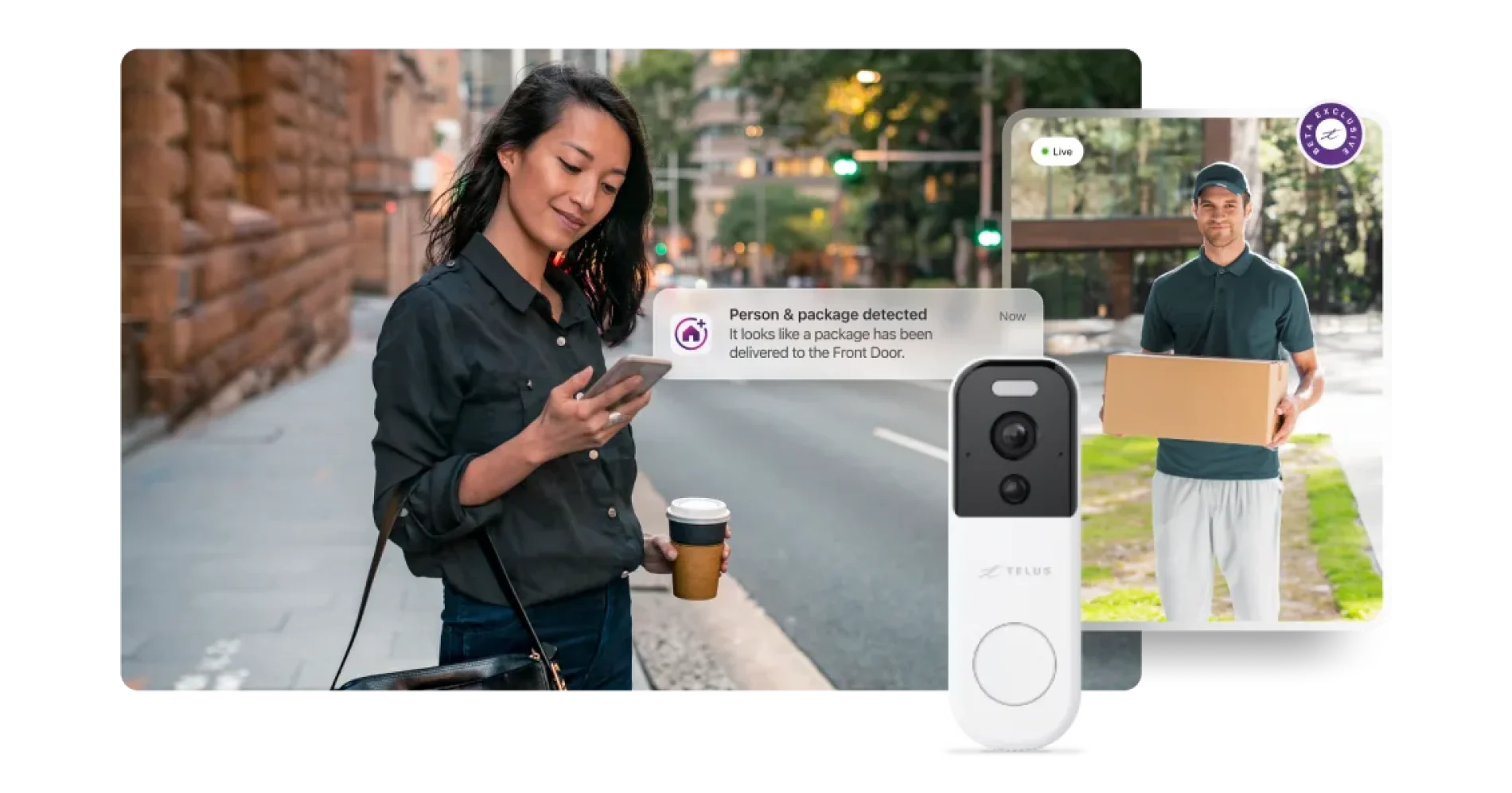 A woman on her commute holds the TELUS SmartHome + app watching a live video of the package delivery.