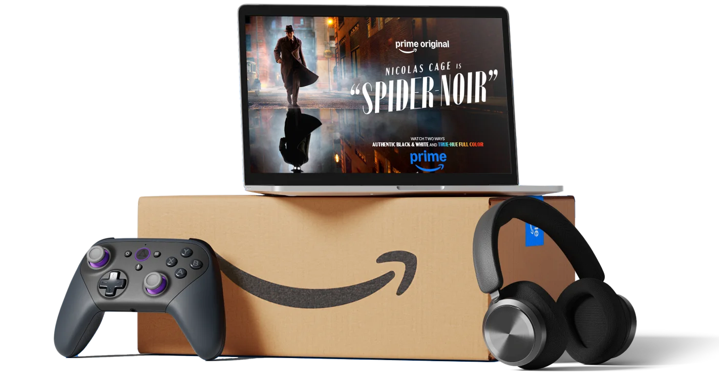 Amazon Prime shipping boxes, headphones and a video screen are shown