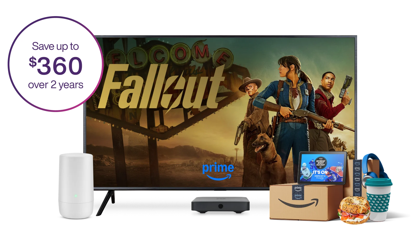 A TV, tablet, smartphone, headphones, an Amazon parcel, and an Amazon bag. The TV screen displays the poster for Fallout on Amazon Prime.