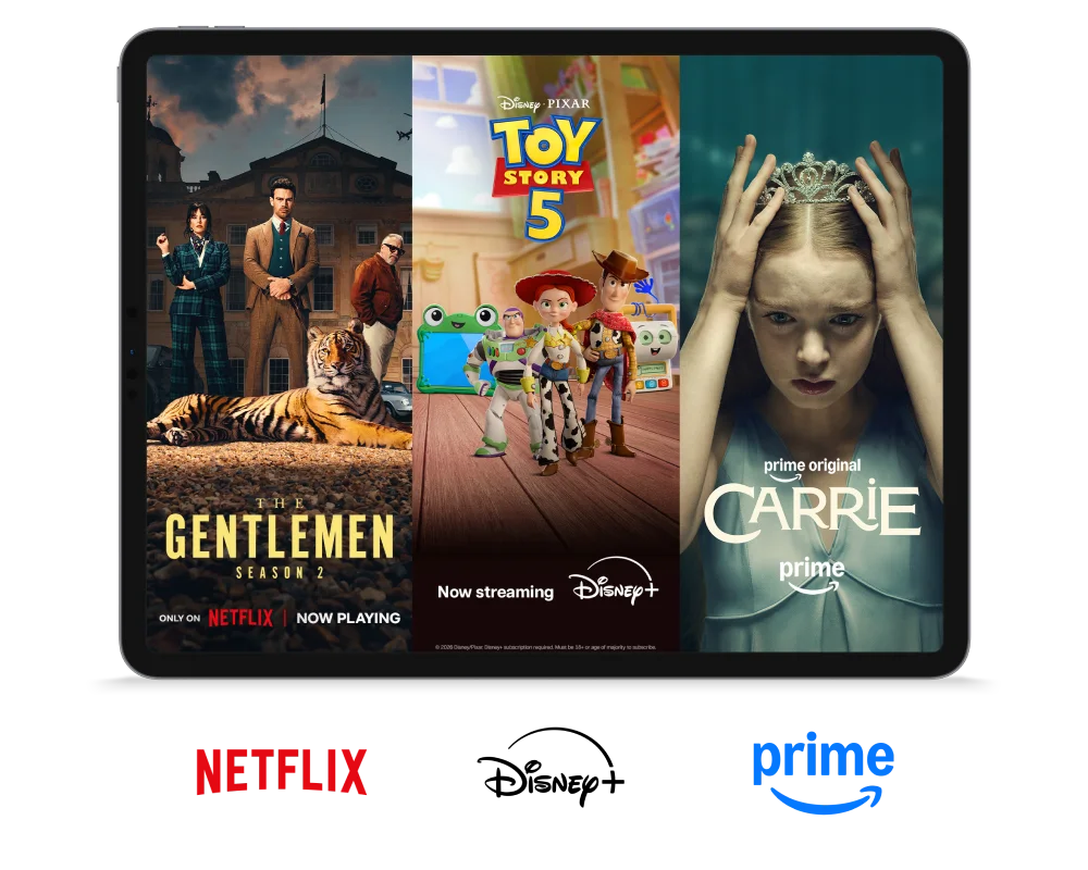 Tablet screen showing posters for The Gentlemen Season 2 on Netflix, Toy Story 5 on Disney+, and Carrie on Prime Video.
