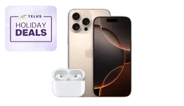 A logo reads, "Holiday Deals". Beneath is the front and back view of an iPhone 16 Pro and a pair of iPods Pro.