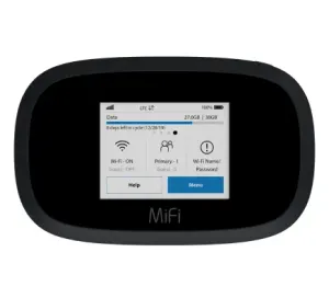 A black Inseego MiFi 8000 Mobile Hotspot with a colour touch-screen.