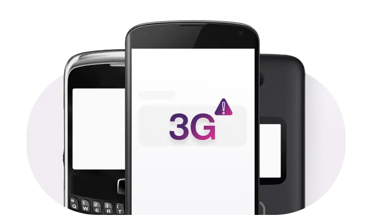 Three older mobile phone models are grouped together. The center phone displays a large "3G" icon in a purple gradient with a small warning triangle next to it.