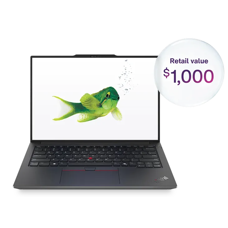 A black Lenovo laptop. The screen displays a green fish. A roundel beside the laptop reads: Retail value: $1,000.