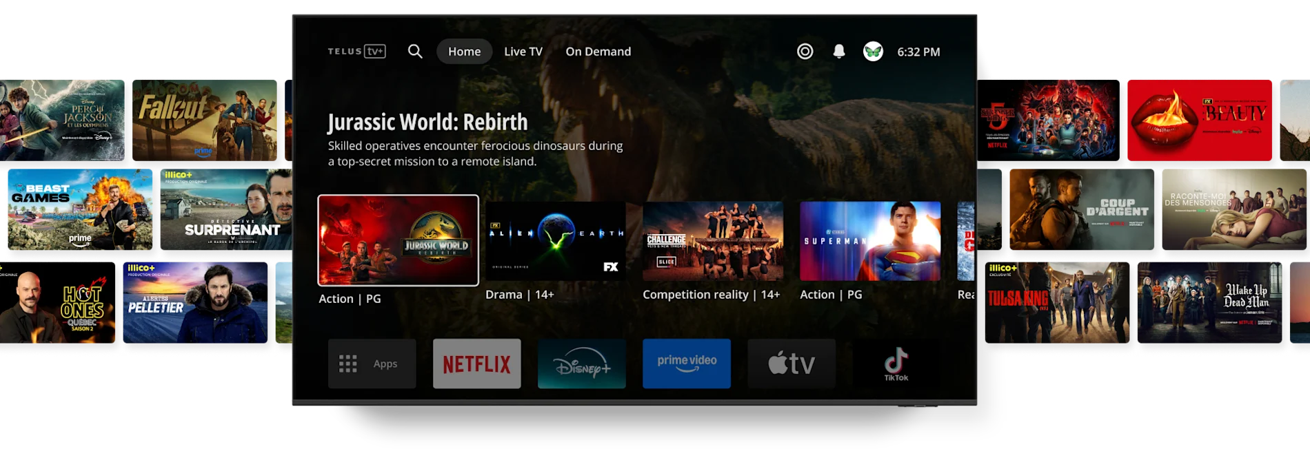 Interface de diffusion en continu de TELUS TV avec en bas des images miniatures de diverses émissions et icônes d’applications de diffusion en continu, y compris Netflix, Disney+, Prime Video, Apple TV et TikTok.