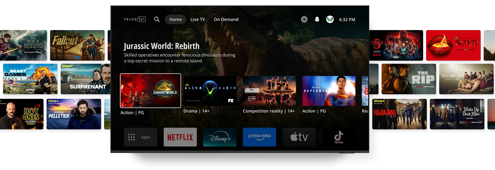 TELUS TV streaming interface with thumbnails of various shows and streaming app icons including Netflix, Disney+, Prime Video, Apple TV, and TikTok at the bottom.