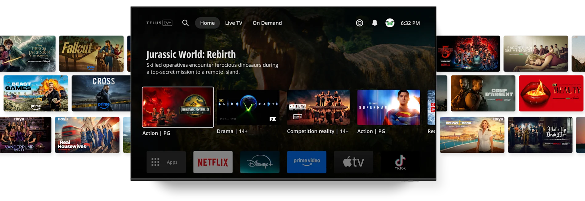 nterface de diffusion en continu de TELUS TV avec en bas des images miniatures de diverses émissions et icônes d’applications de diffusion en continu, y compris Netflix, Disney+, Prime Video, Apple TV et TikTok.