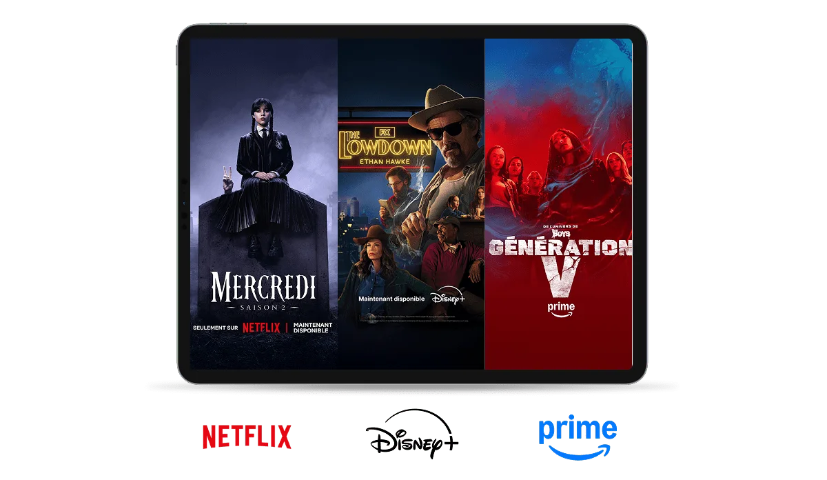 TELUS EnContinu+ affiches pour  « Mercredi » sur Netflix, « Lowdown » sur Disney+, « Génération V » sur Amazon Prime.