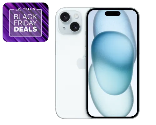 A logo reads, "Black Friday deals" and floats beside the back and front view of an iPhone 15.