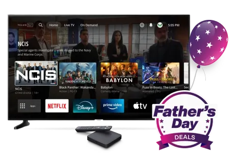 A television with an Optik TV digital box. Text reads: Father’s Day Deals