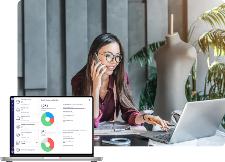 Business partners looking at iPad and laptop. Laptop with data shown