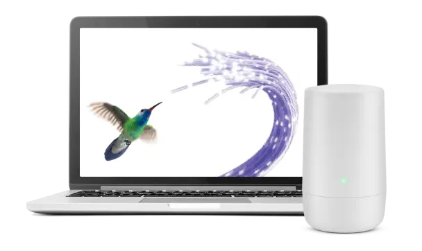 A laptop and a TELUS Wi-Fi modem. The laptop screen displays a hummingbird hovering next to a fibre optic cable.