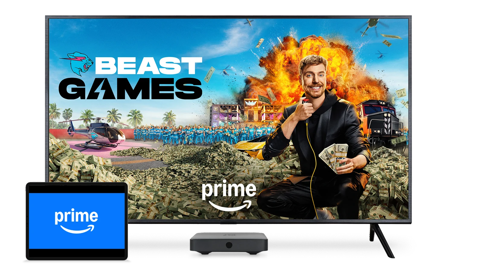 Amazon Prime, image shows amazon prime video on a tablet computer,  and a television with a poster for Beast Games.