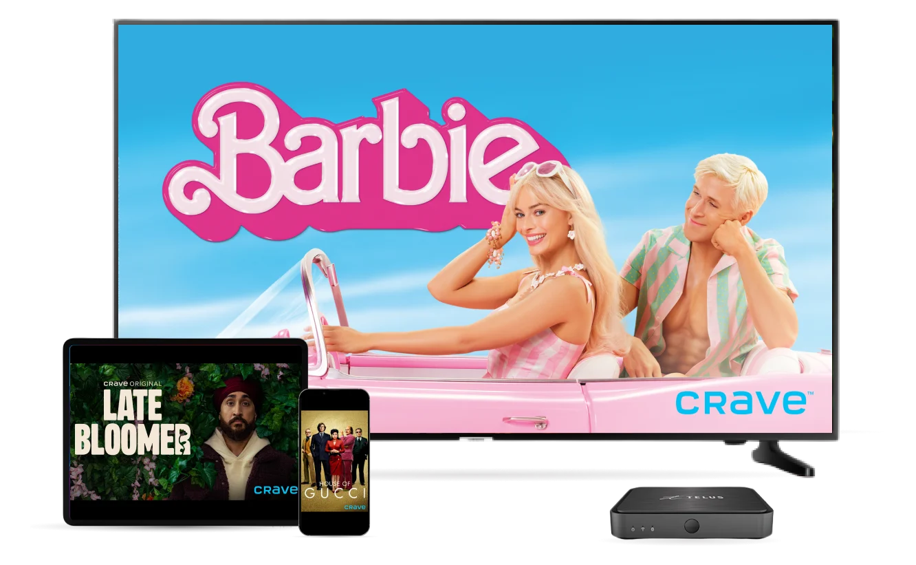 A flat screen TV, tablet and smartphone display hit Crave shows that all Crave subscribers have access to, along with an Optik TV digital box