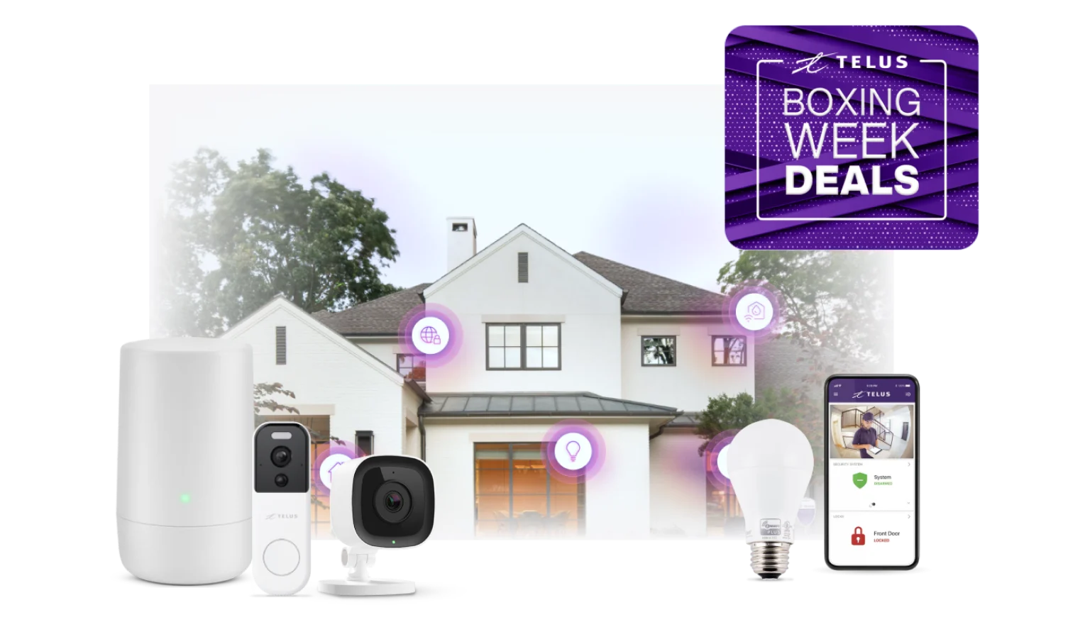 An image showing a house in the background with various SmartHome Security devices, a mobile phone and a roundel that says 'Boxing Week Deals'.