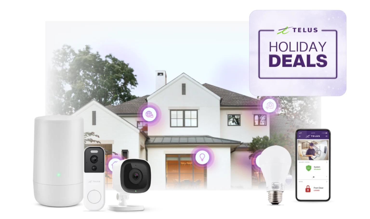 An image showing a house in the background with various SmartHome Security devices, a mobile phone and a roundel that says 'Holiday Deals'.