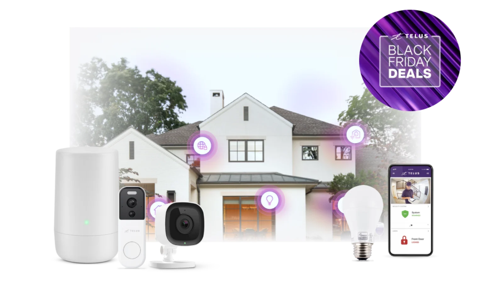 An image showing a house in the background with various SmartHome Security devices, a mobile phone and a roundel that says 'Black Friday deals'. 