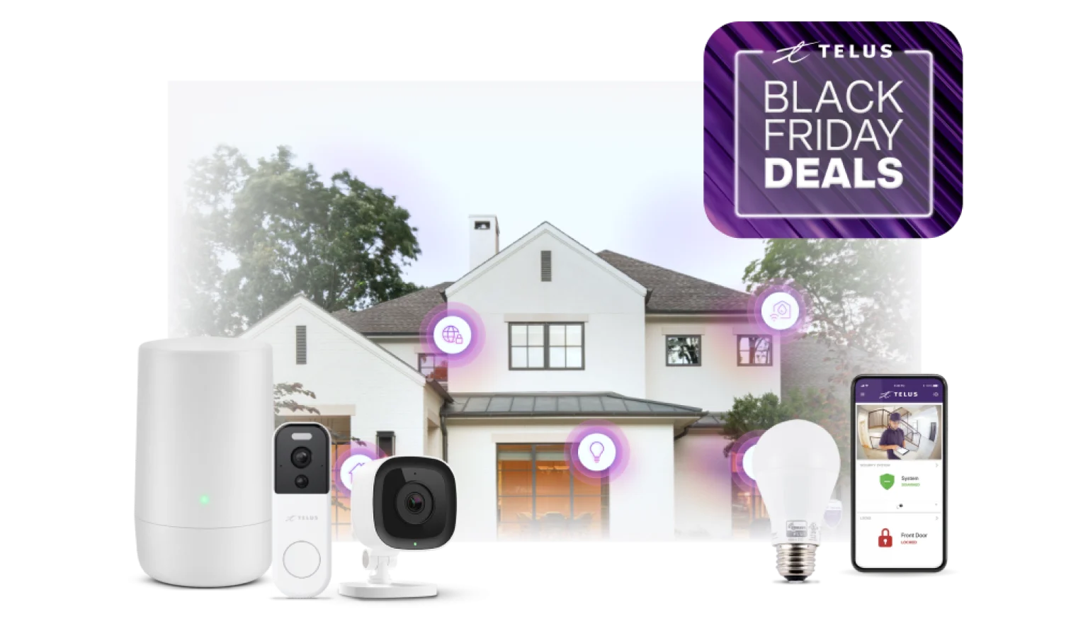 An image showing a house in the background with various SmartHome Security devices, a mobile phone and a roundel that says 'Black Friday deals'. 