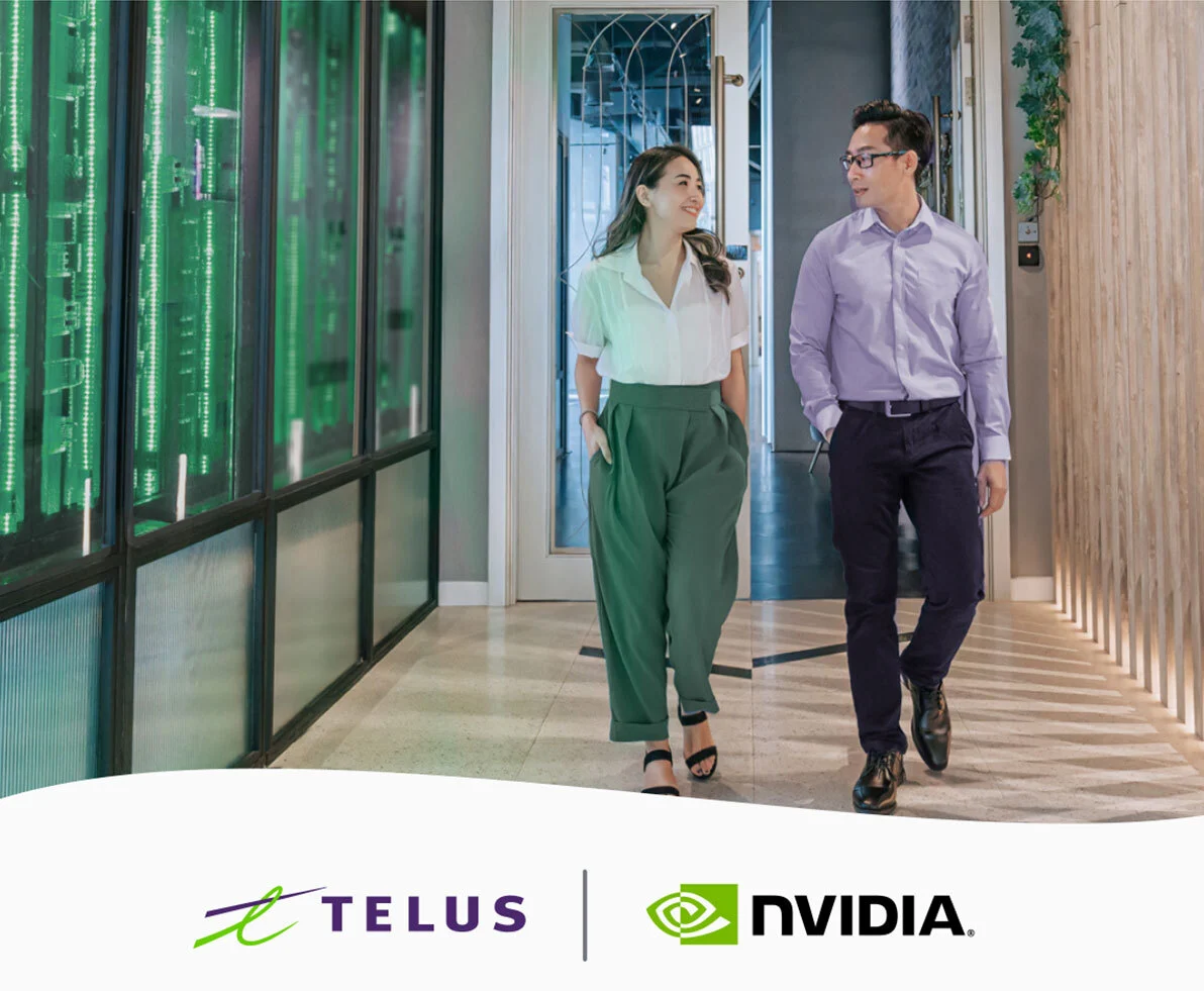 Employees walking through TELUS' sovereign AI data centre