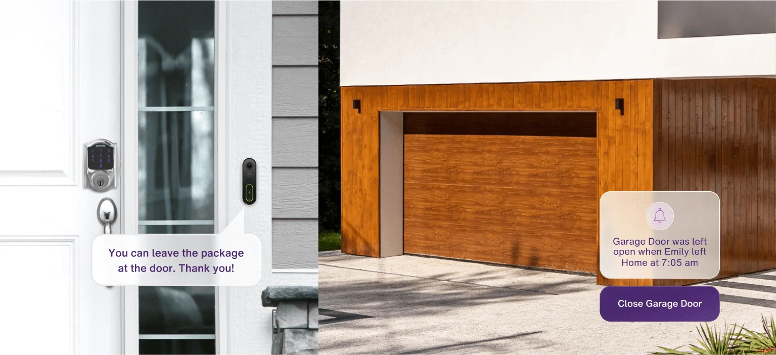 A garage door with a notification