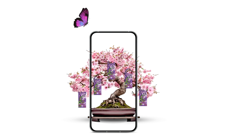 Un arbre de pêcher en fleur sur l'écran d'un téléphone mobile. Il y a cinq enveloppes rouges de Nouvel An lunaire suspendues à l'arbre. Les enveloppes sont thématiques TELUS et célèbrent l'année du serpent.