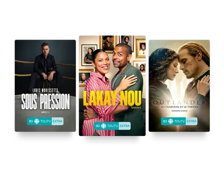 Three posters: Sous Pression, Lakay Nou and Outlander: Le Chardon et le Tartan.