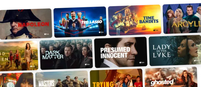 A collage of show posters highlighting the array of programming available on Apple TV+.