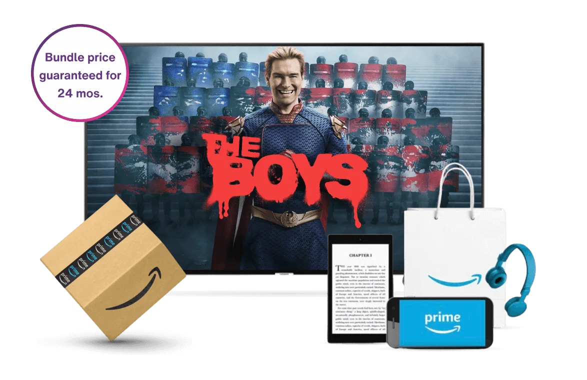 Amazon Prime, image shows amazon parcels, a Kindle e-reader, a smartphone, headphones and a television with a poster for The Boys tv series. Text reads: Save $240 over 2 years.