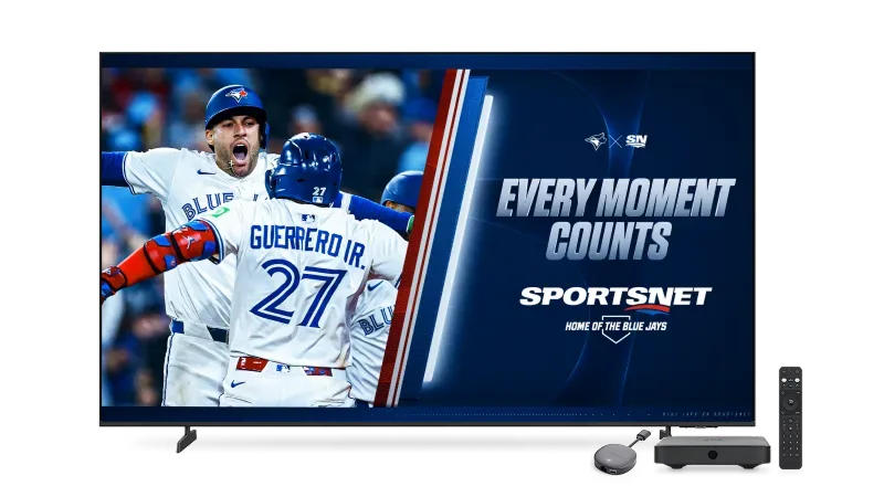 A TV, digital box and remote control. The TV screen displays a promo for Sportsnet, home of the Blue Jays with the text “Every moment counts”.