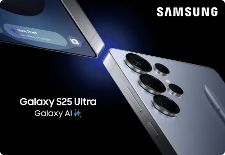 The front and back view of the Galaxy S25 Ultra. A logo reads, "Galaxy S25 Ultra: Galaxy AI".