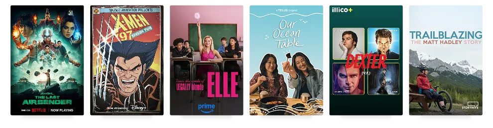 Six posters: 'Avatar: The Last Airbender', ‘X-Men '97 Season Two’, ‘Elle’ and ‘Our Ocean Table’, 'Dexter' and 'Trailblazing: The Matt Hadley Story'.