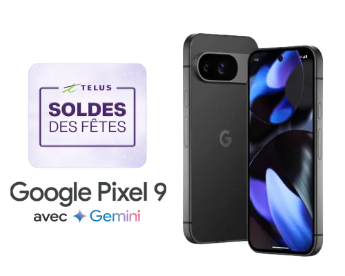 Un logo indiquant « Soldes des Fête  » flotte au-dessus de la vue avant et arrière du Google Pixel 9.