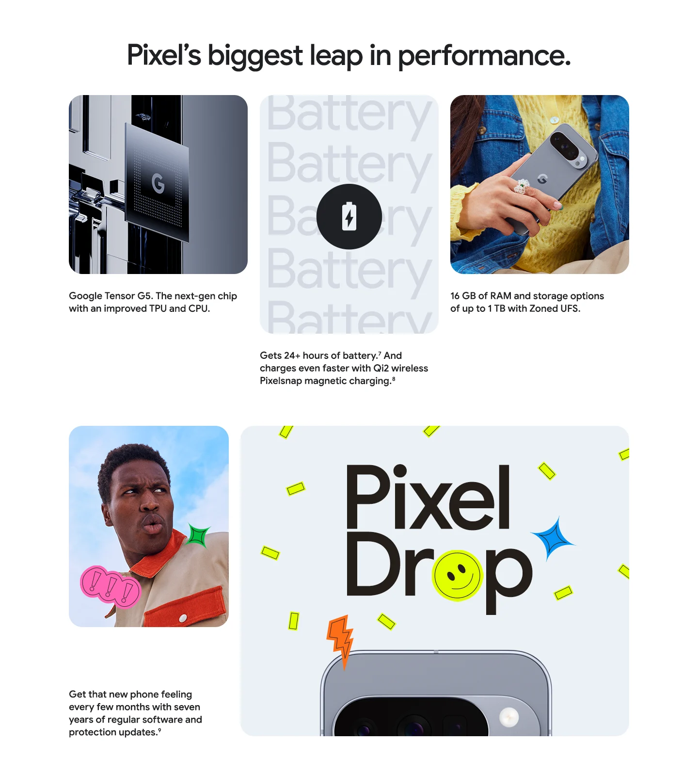 Pixel's biggest leap in performance. Google Tensor G5 chip, 16GB RAM, up to 1TB storage, 24+ hour battery, Qi2 wireless charging. Pixel Drop: 7 years of software updates.