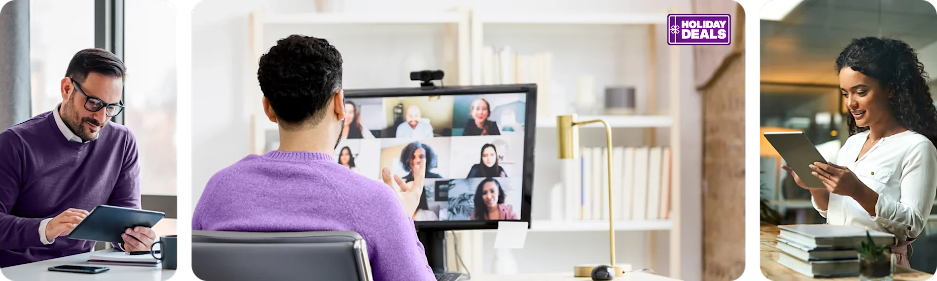 Three business people using their tablest and a monitor, connected in a meeting through fast fibre with a Holiday sale badge.