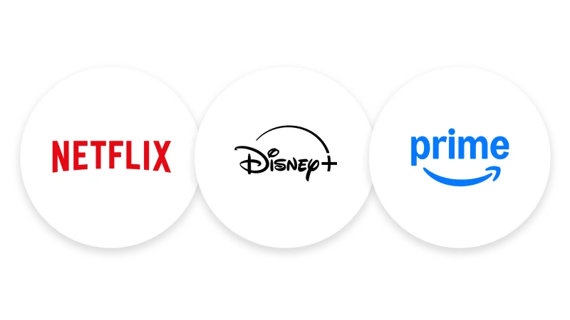 Logos for Netflix, Disney+ and Prime Video.