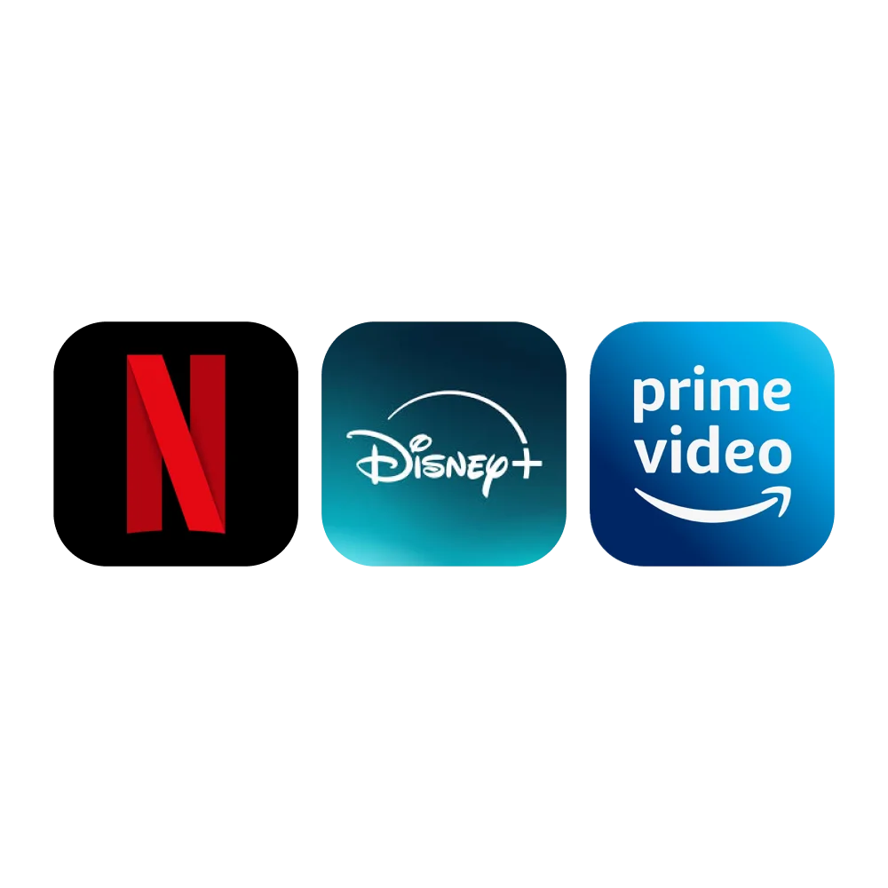 Logos for Netflix, Disney+ and Prime Video.