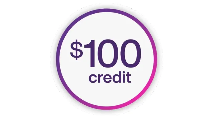 Roundel with the words “$100 credit”.