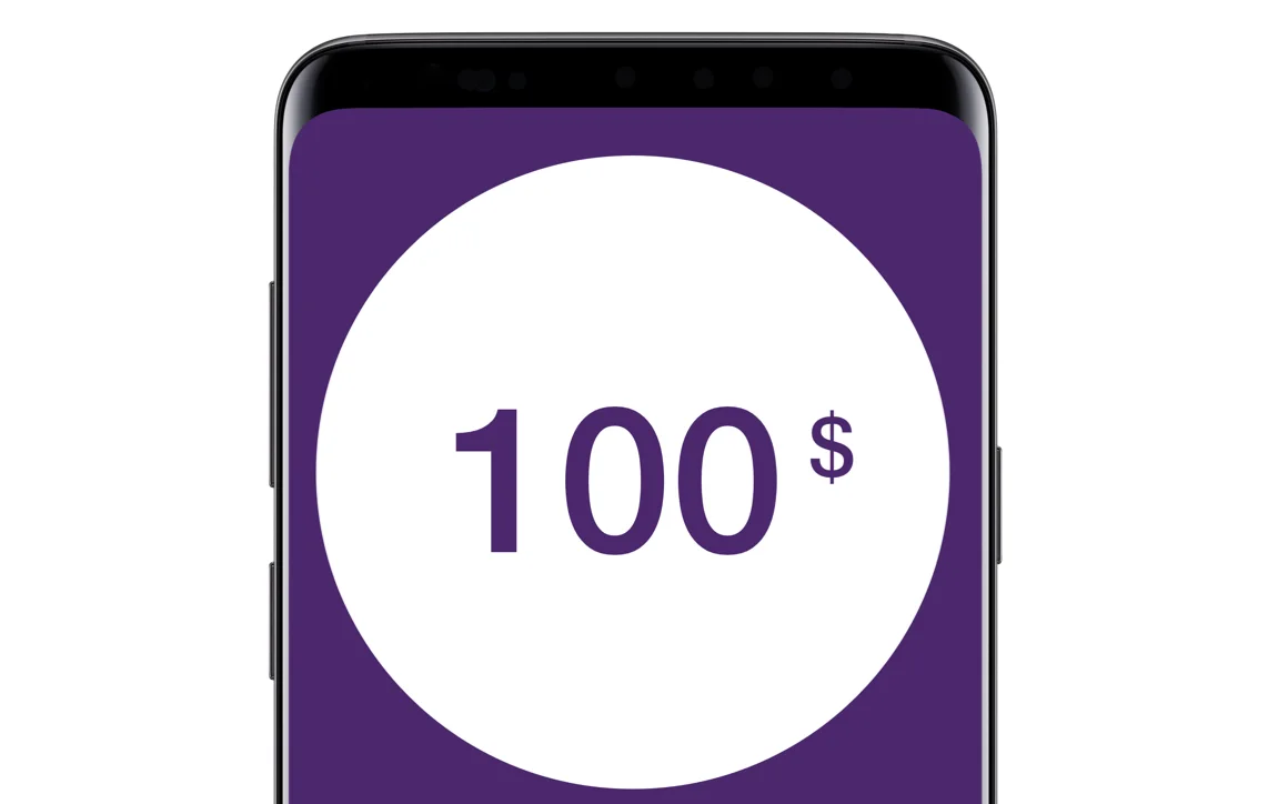 Téléphone intelligent avec 100 $ en violet à l’écran.