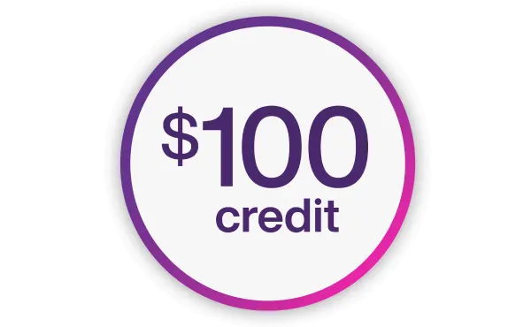 $100 credit in purple text inside a circle